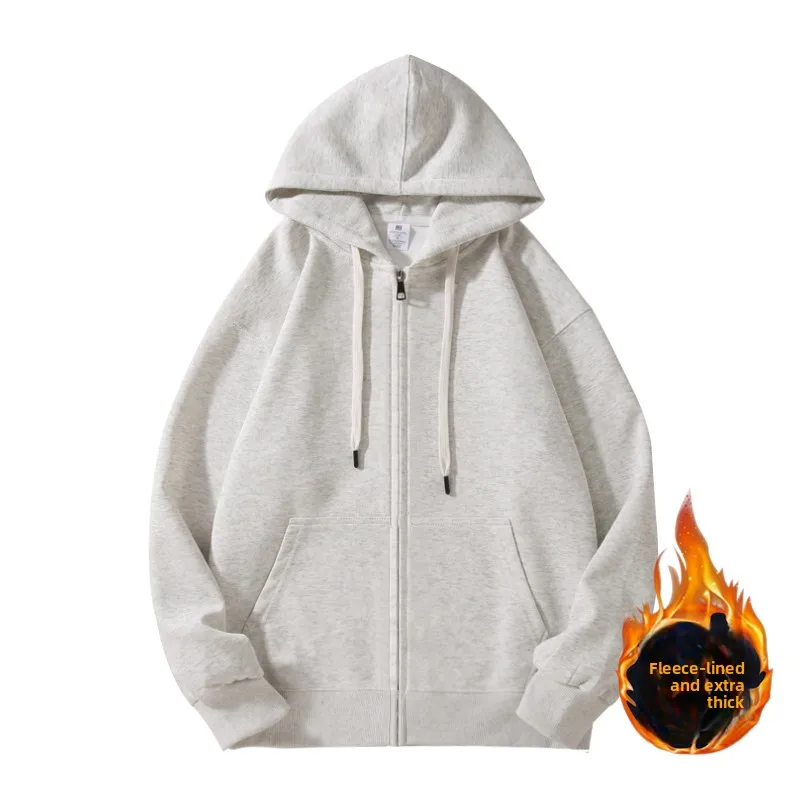 

Мужская толстовка на молнии с капюшоном, повседневная, утепленная флисом, осенне-зимняя верхняя одежда, корейский стиль, открытый кардиган, однотонная, уличная одежда