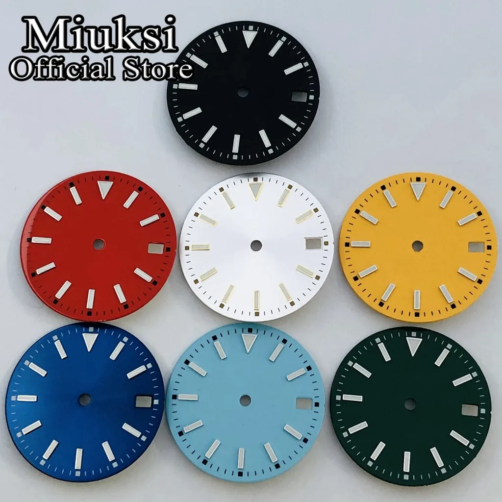 Miuksi 28.5mm sterile dial black blue green red silver yellow watch dial luminous dial fit NH35 movement