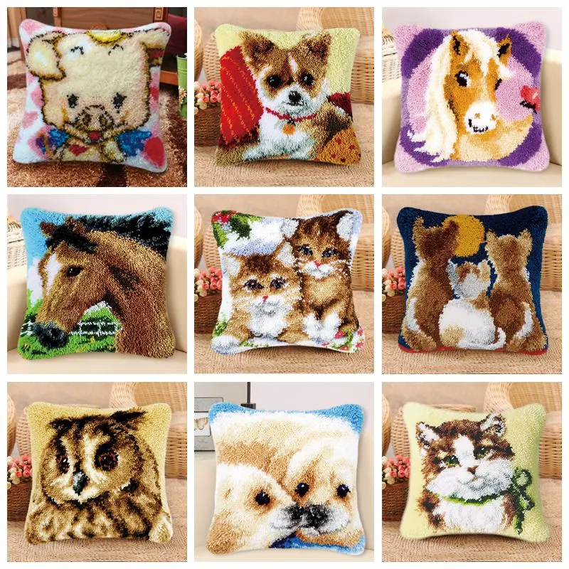 Cat Animal Latch Hook Kits Carpet Embroidery Set Sofa Pillow Cross Stitch Smyrna Latch Hook Kit Carpet Smyrna Button Cushion DIY