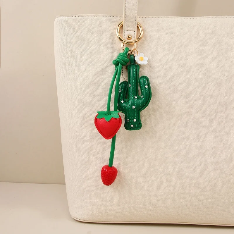 Simulation PU Leather Strawberry Cactus Bag Pendant Fashionable Fruit Ornament Couple Hanging Decoration Parts Accessories Gift