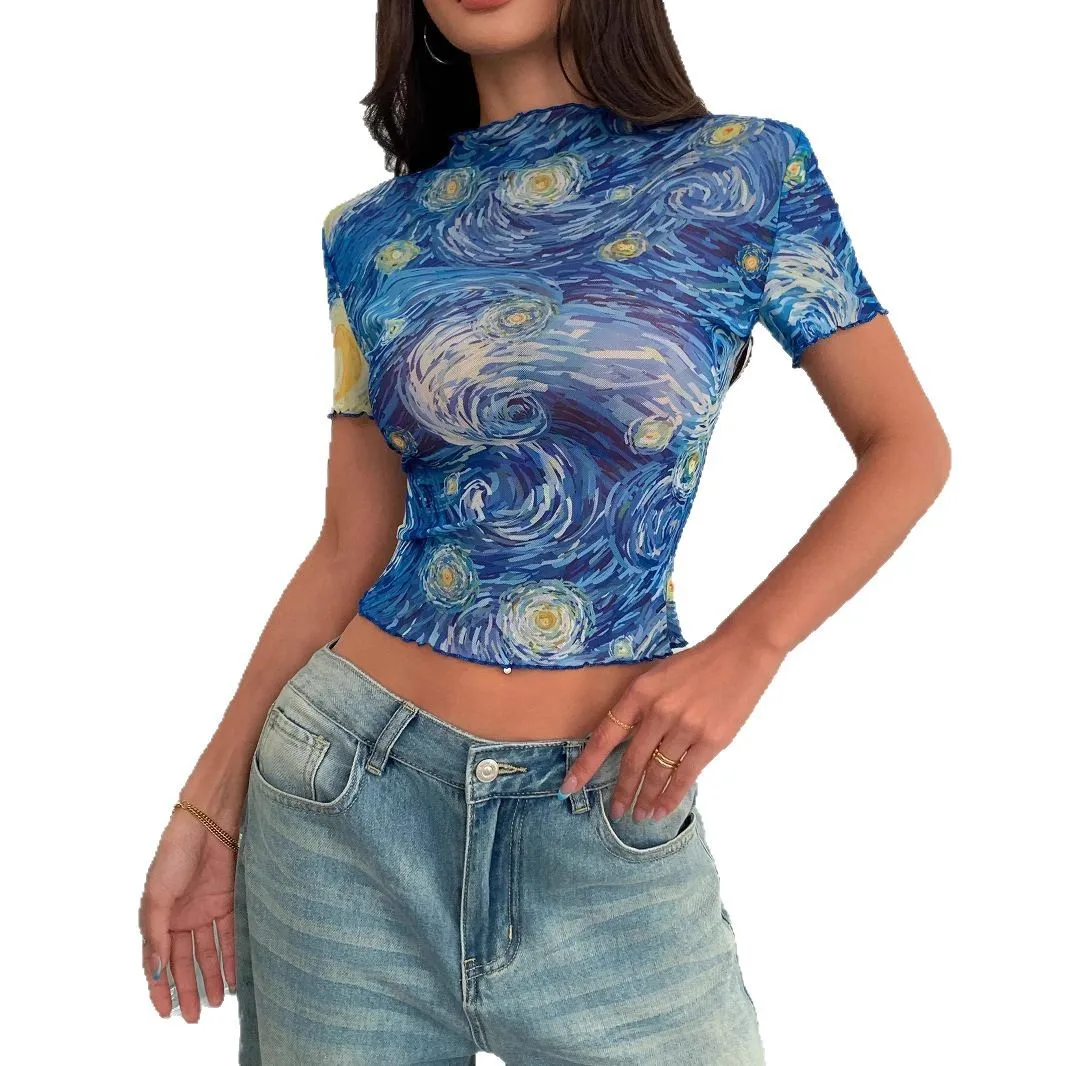 2026 Summer New Elegant Blue Printed Short-sleeved Semi-turtleneck Starry Sky Mesh Top Women's Cw41005