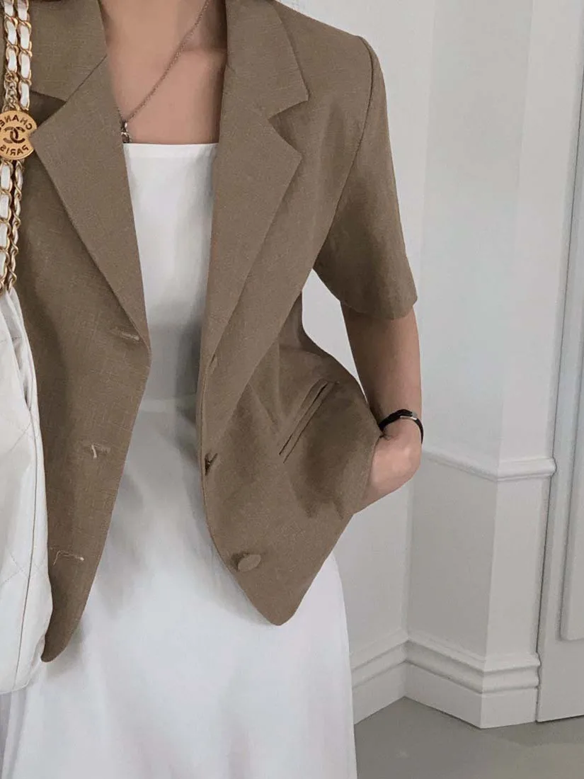 Retro Summer Thin Short Sleeve Suit Jacket Women's Loose Fit Quality Lapel Button up Versatile Korean Style Spring Autumn