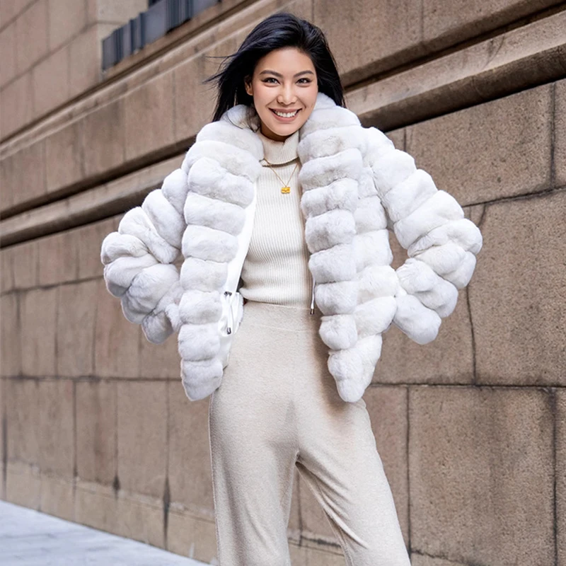 Ftangaiur, abrigo de Chinchilla azul cian blanco puro importado de invierno, abrigos de piel de Chinchilla de Color Natural de lujo con cuello vuelto para mujer