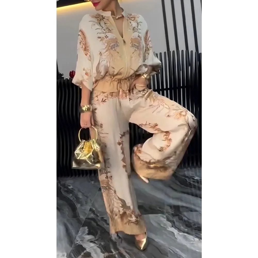 

Women Beige Boho Print 2 Piece Outfit Batwing Sleeve Blouse and Loose Wide Leg Pants Casual Bohemian Set for Streetwear Festival