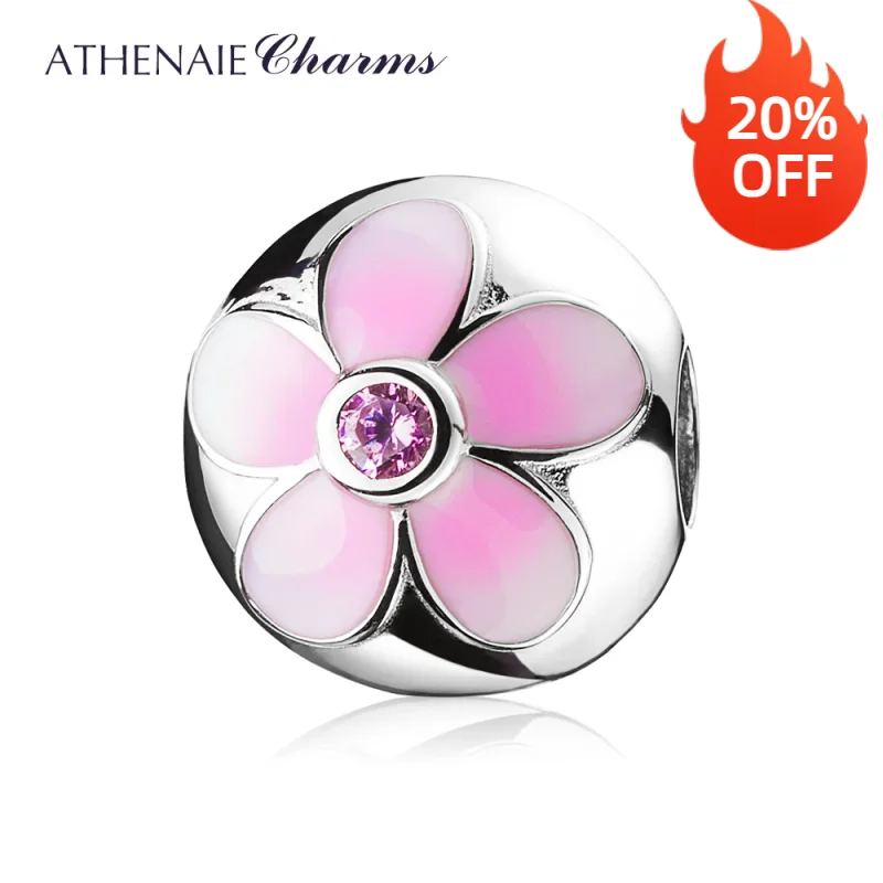 ATHENAIE 925 Sterling Silver Magnolia Bloom Clip Charms Pale Cerise Enamel and Pink CZ Charms Beads for Women European Bracelets