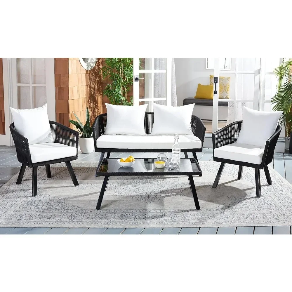 Collezione Outdoor Cuscino in vimini Corda da 4 pezzi Patio Cortile Set da soggiorno Set di mobili da esterno in rattan nero/beige Camera da giardino