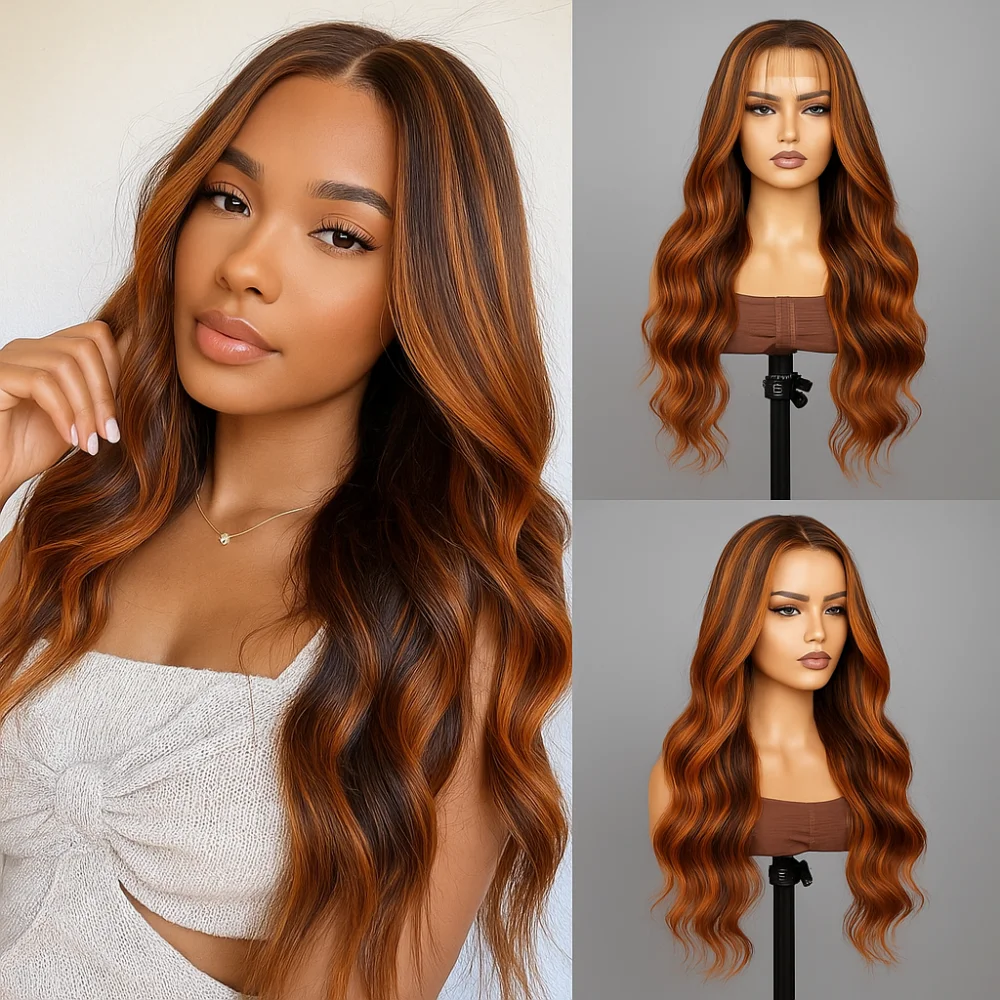 

Highlight Ginger Brown 5x5 Front Lace Human Hair Glueless Wig #4/350 Highlight Body Wave Human Hair Wig With Baby Hair For Women