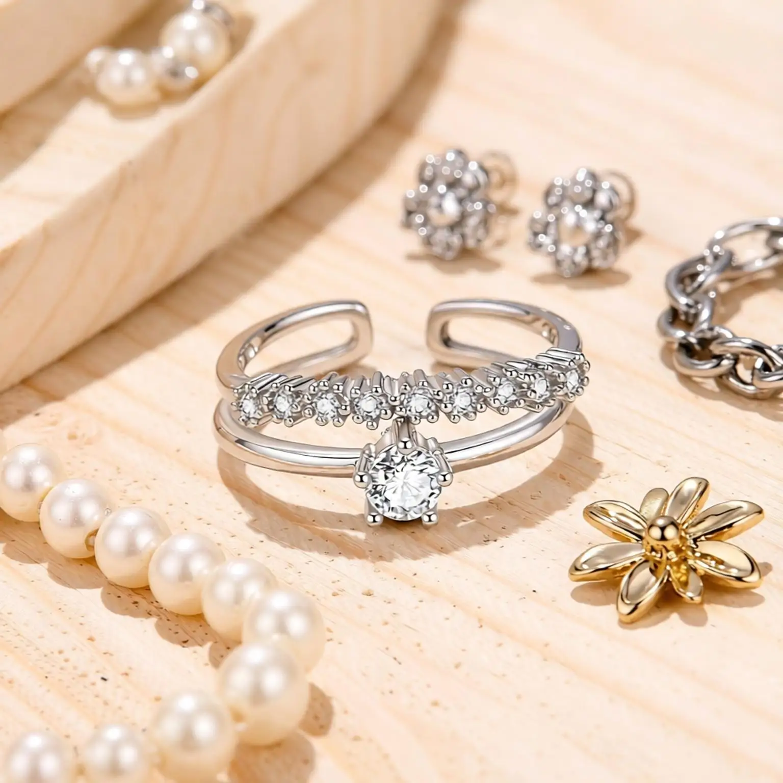 Shiny 925 Sterling Silver Double Layer 6 Claws Crystal Zircon Open Rings For Women Girls Anniversary Party Fashion Jewelry Gifts