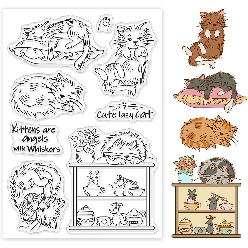 1PC Sleeping Cat Pattern Clear Stamp, Vase Lazy Cat and Greedy Mouse PVC Transparent Stamp for Card Making DIY Scrapbooking