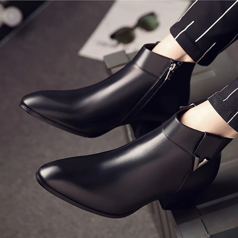 Retro Men Ankle Boots Luxury High-top Men Leather Shoes High Quality Non-Slip Motorcycle Boots Fashion Zipper Men Boots 5cm