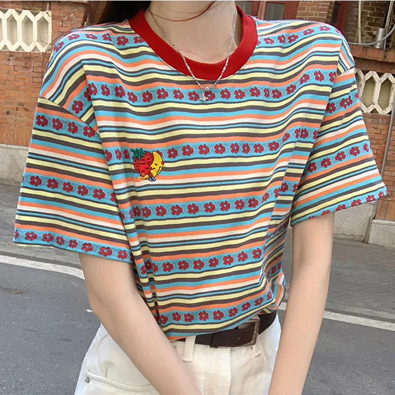 2026 Summer New Striped Short Sleeve T-Shirt For Women Fashion Clothing Loose Casual Tops Tshirts O Neck Tee Shirt Femme