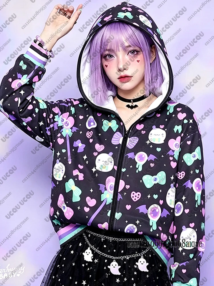 2026 Herbst Winter Gothic Kawaii Halloween Hoodies für Damen, modische dunkle Reißverschluss-Hoodies, Outdoor-Mäntel, Kawaii Hoodies für Mädchen – Detail 4