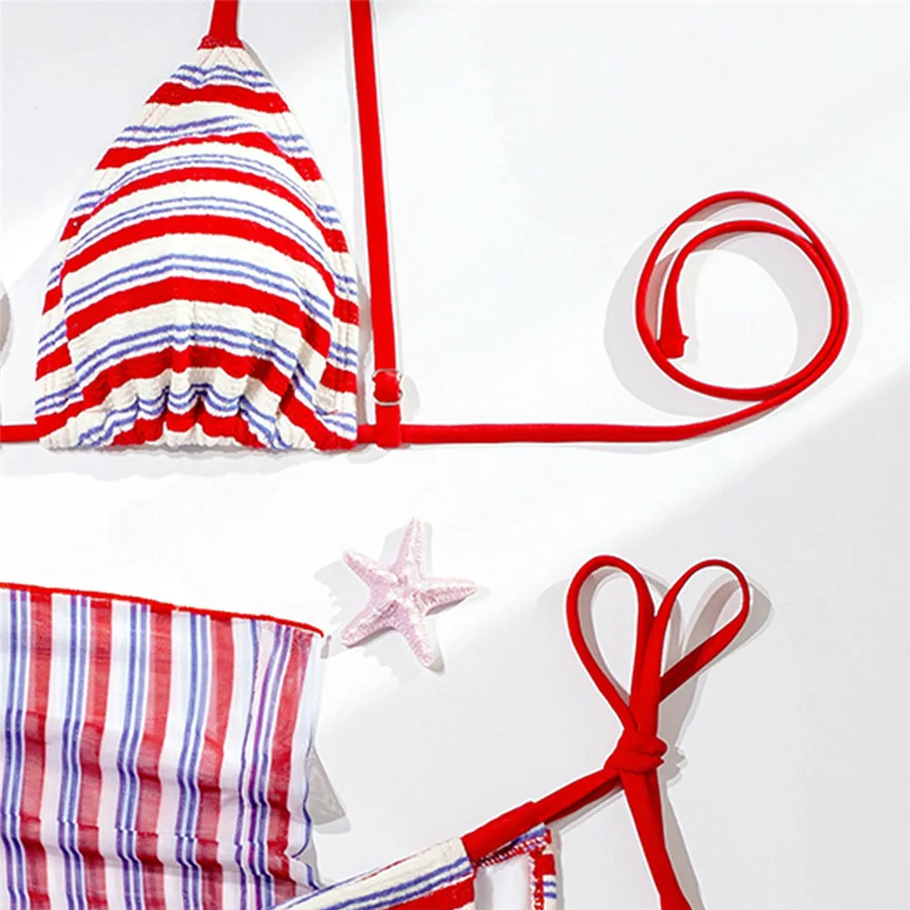 Rouge rayé imprimé Triangle Bikinis ensembles 3 pièces maille couverture Ups vacances maillots de bain Micro string Sexy maillot de bain femmes 2026 Biquinis