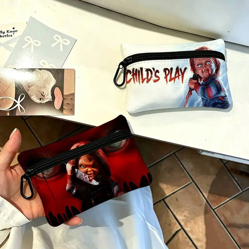 Classic Chucky Horror Movie Portable Oxford Fabric Mini Wallet Carabiner Design Small Coin Bag For Cards Keys Earphones