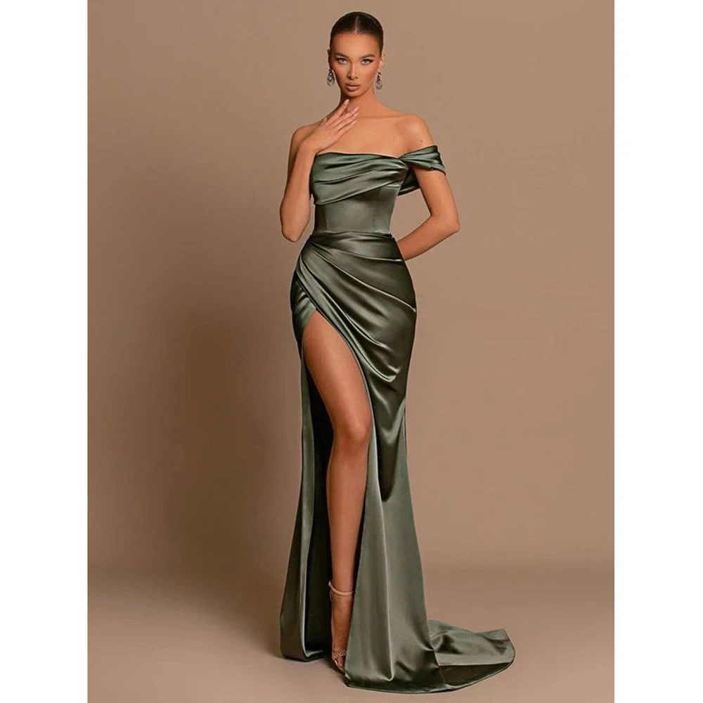 Elegant von der Schulter Frauen Abendkleid 2024 Satin grün hoch gespalten geraffte Büste Taille Falte Abschluss ball formelle Party kleid Vestidos