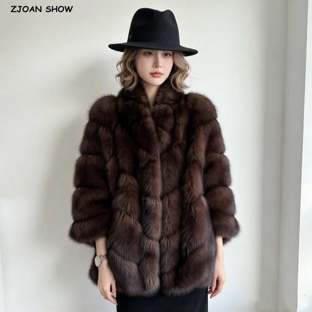 Autumn Winter Women Vintage Embrossing Stripes 3/4 Sleeve Faux fur Coat Stand Collar A-lined Warm Shaggy Jacket Outerwear