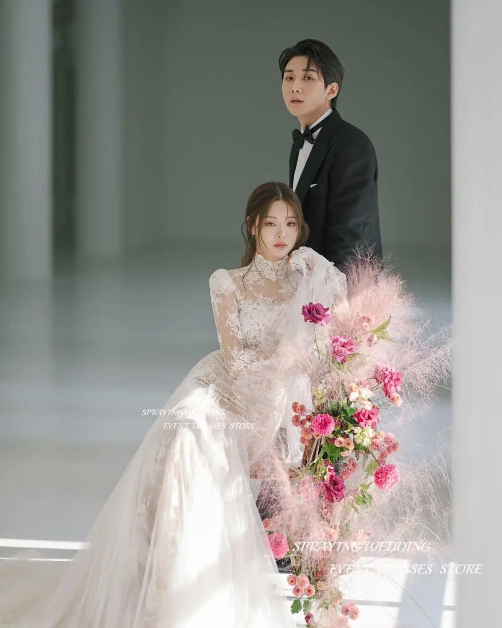 SPRAYING Elegant Lace Wedding Dress Korea Photoshoot A Line High Neck Bridal Gown Long Sleeve Floor Length 웨딩드레스 Custom Made