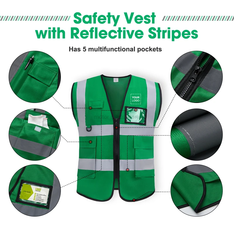 Custom Green Reflective Vest Safety Workwear Custom Logo Construction Vest High Visibility Signal Vest With Zipper And Pockets