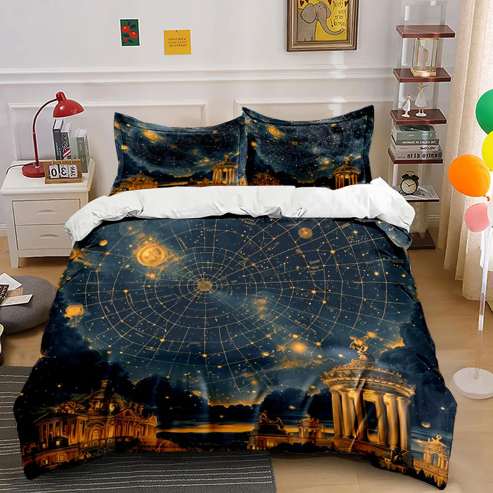 Starry Sky Architecture Art Decor Bedding Set with 1 Duvet Cover 2 Pillowcases Single Double King Queen, Gift
