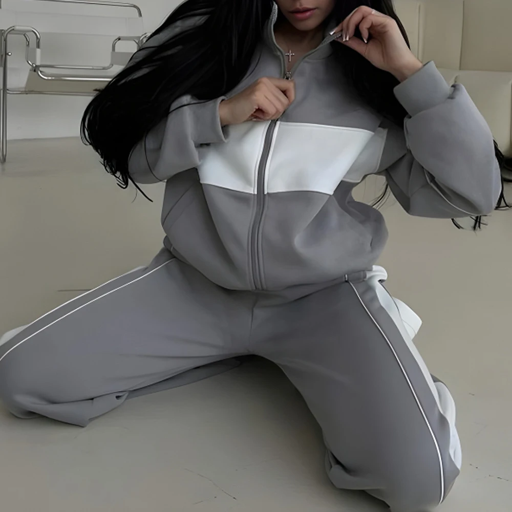 Conjunto de sudadera y pantalones de contraste de manga larga para mujer, traje informal, moda Otoño Invierno