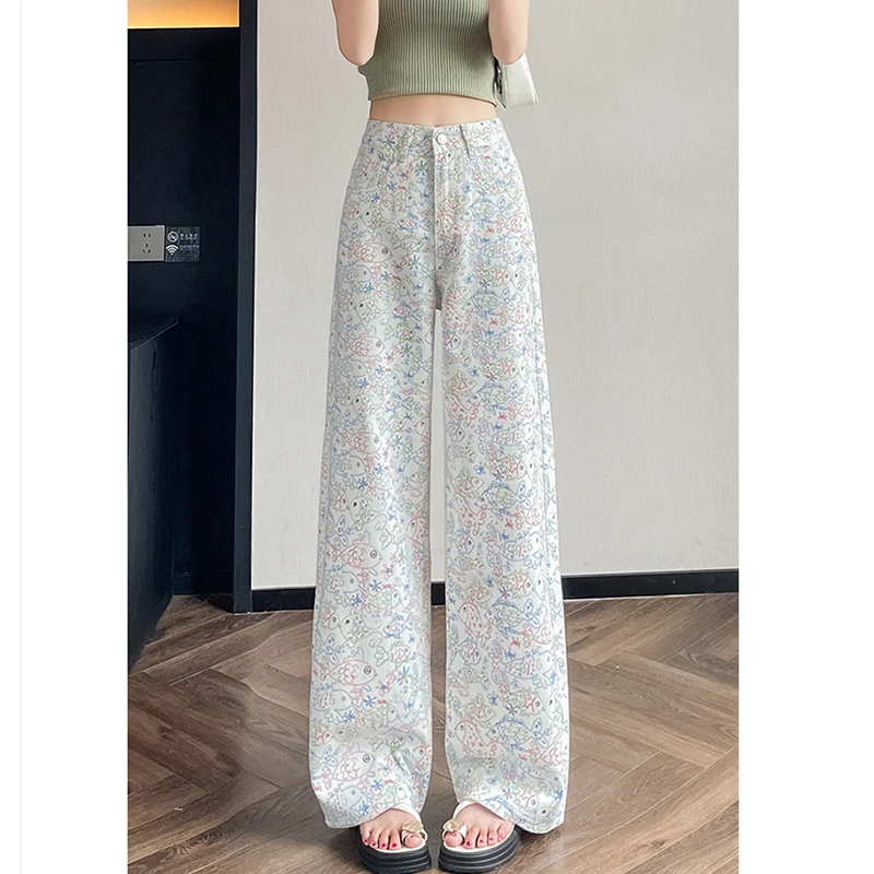 

Printed High Waist Jeans Women Y2K Vintage Streetwear Baggy Denim Pants Korean Fashion Harajuku Straight Wide Leg Jeans Trousers