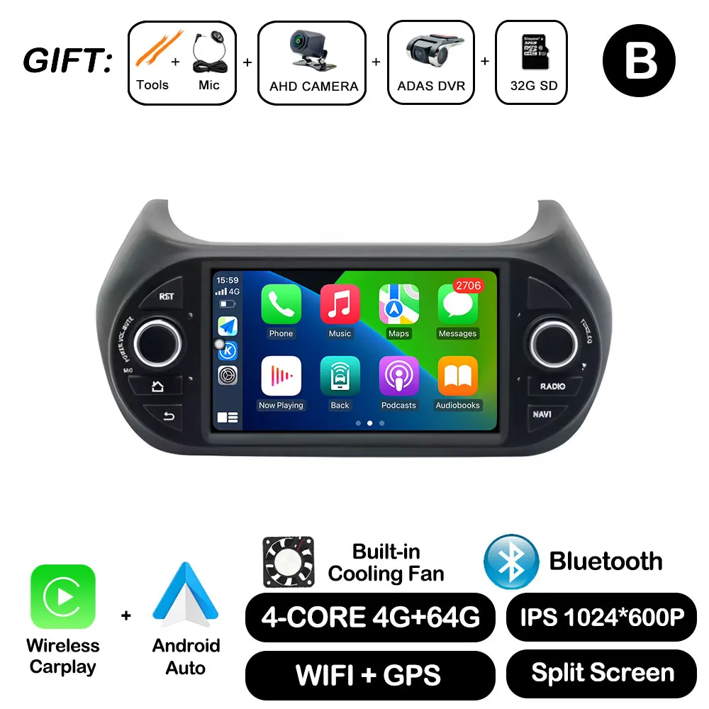 Autoradio Multimedia Video Player For Fiat Fiorino Qubo Citroen Nemo Peugeot Bipper 2008-2017 CarPlay GPS Navi DSP Stereo