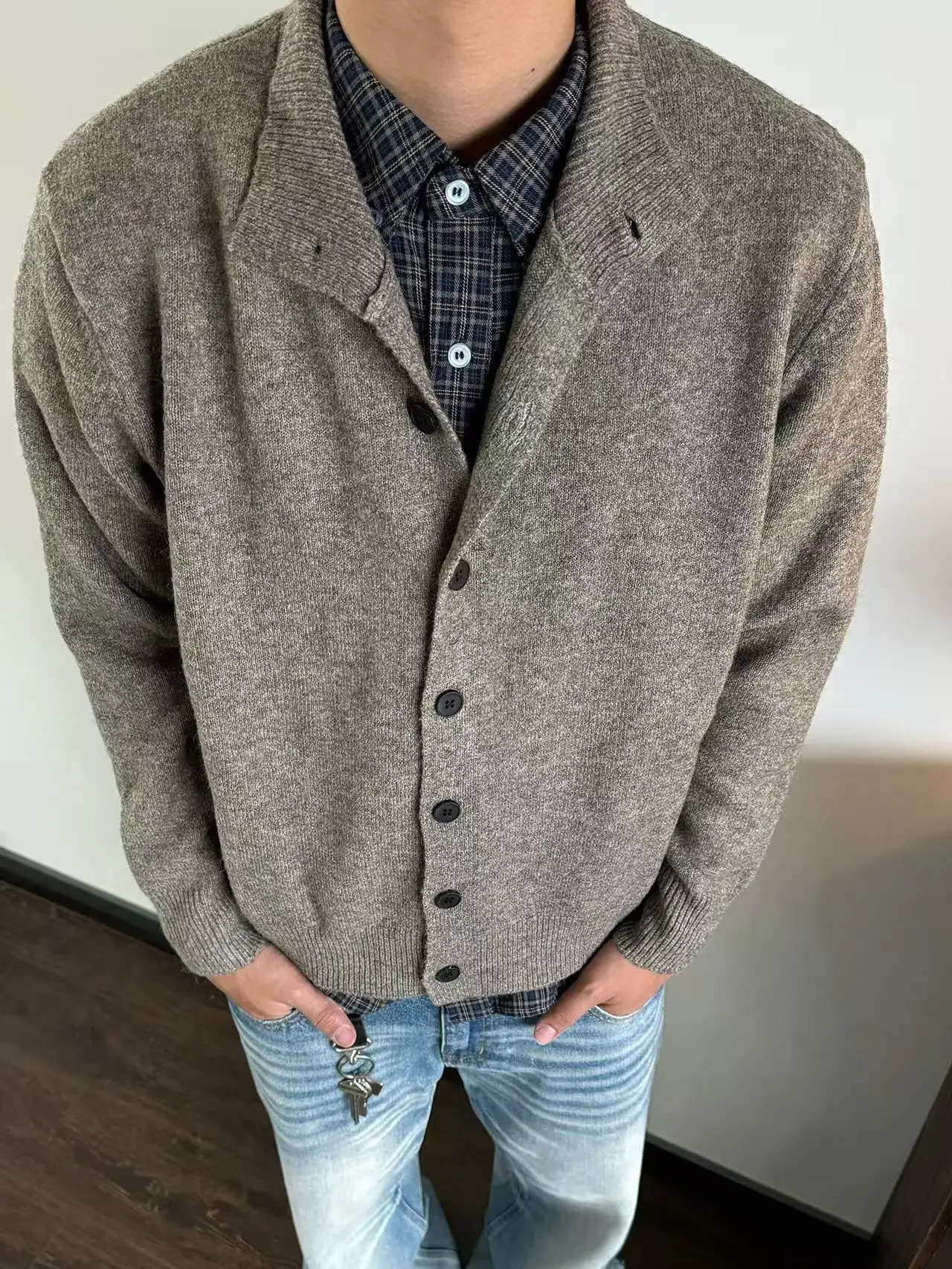 

American Retro Lazy Open Cardigan Sweater Men's Loose Casual Knitted irt f High Collar Autumn Spring Commute Versatile