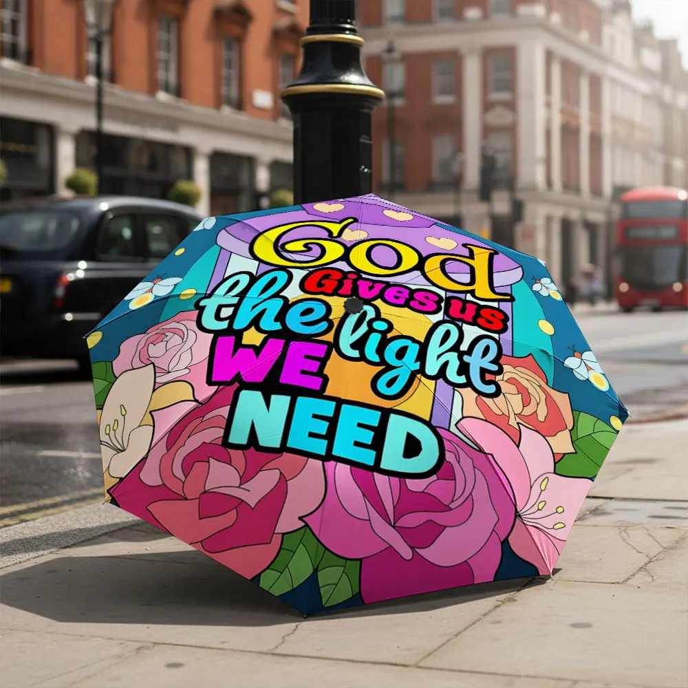 1P C Colorful Umbrella with Inspiring Words and Floral Prints Print 8 Iron Ribs Folding Umbrella Auto-Open Fashion Sunshade