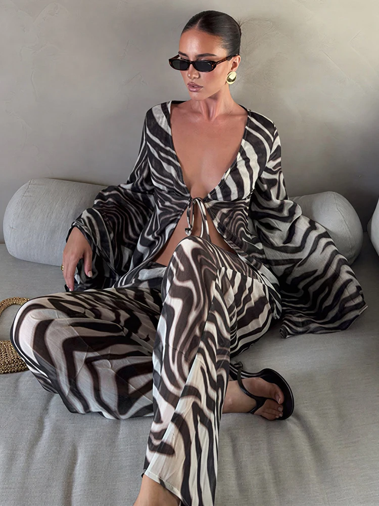 Kliou High Street Fashion 2 Piece Set Woman Zebra Stripe Print Lace-Up Cardigan Full Sleeve Tops+Long Pants Oversize Style Suits