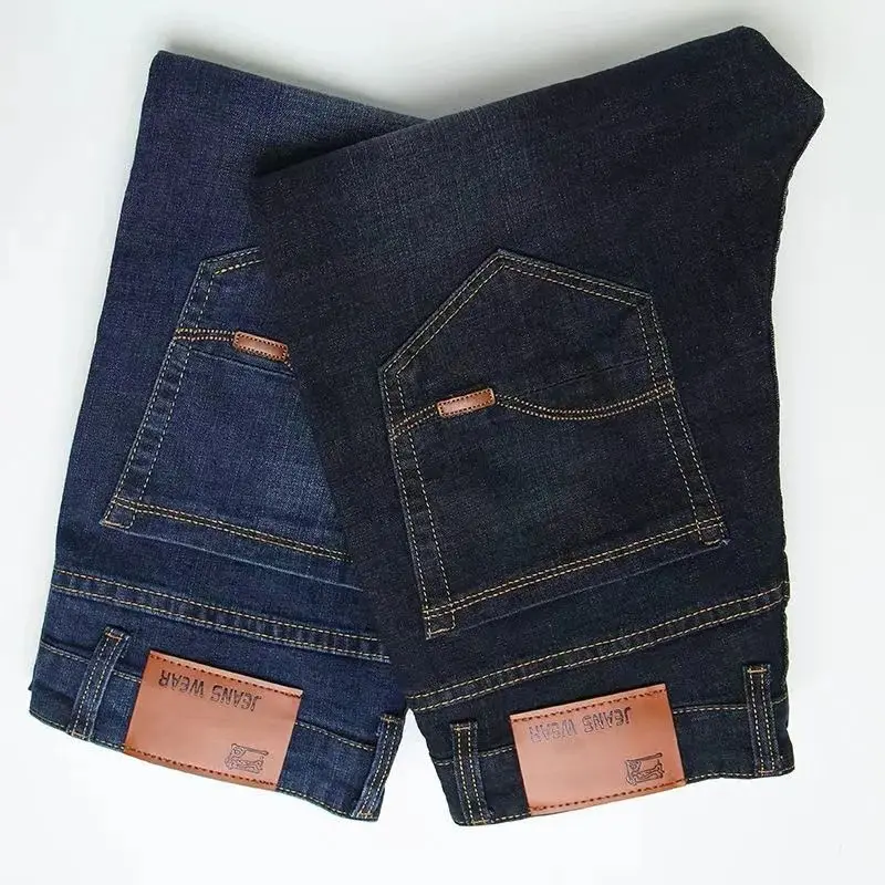 

Модные эластичные мужские джинсы в европейском и американском стиле, роскошные мужские джинсовые брюки, тонкие прямые темно-синие брюки джентльмена, размер 28-38