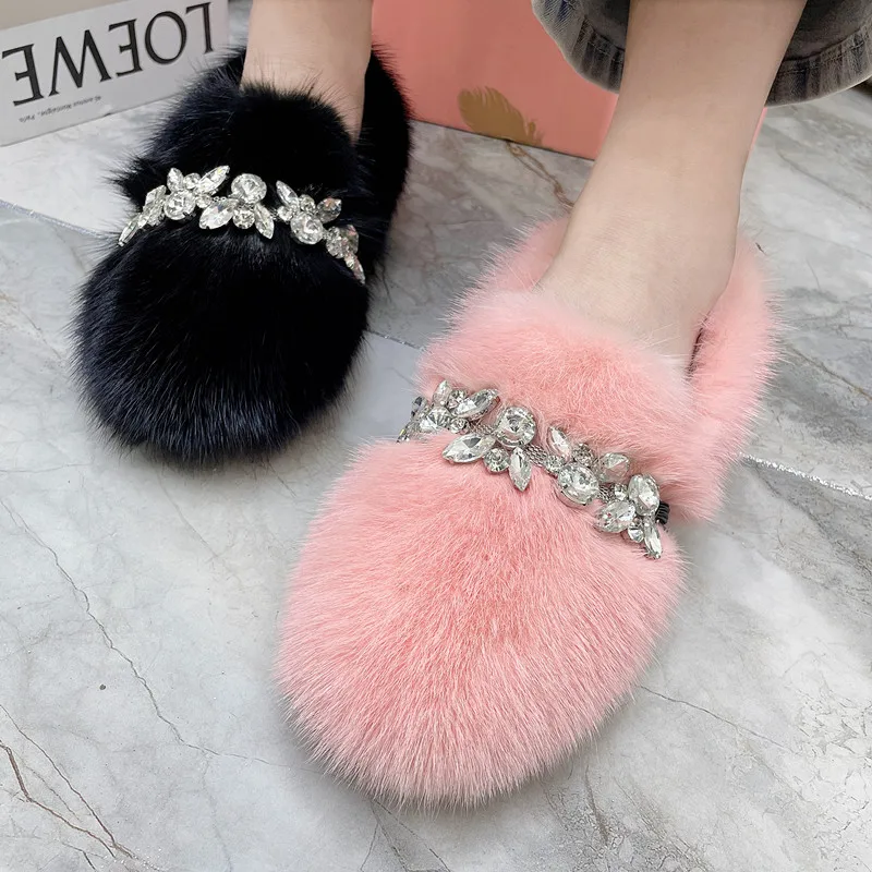 Green Women Flat Shoes Crystal Casual Loafers Winter Warm Mink Fur Espadrilles Ladies Walking Driving Zapatos Mujer Flats