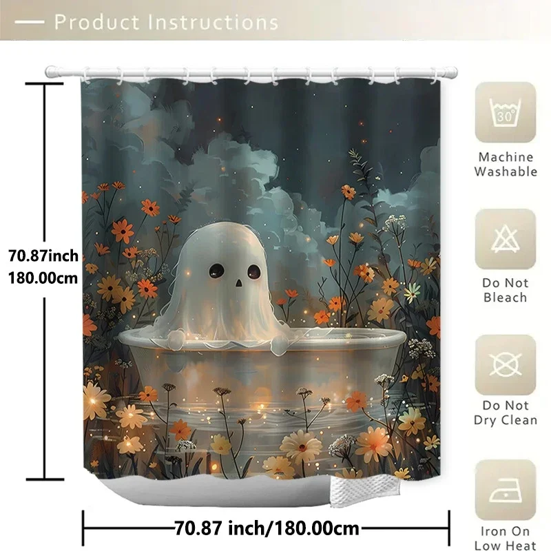 1 Panel Halloween Themed Shower Curtain Waterproof Polyester Bath Curtain with 12 Plastic Hooks Bathroom Halloween Decor