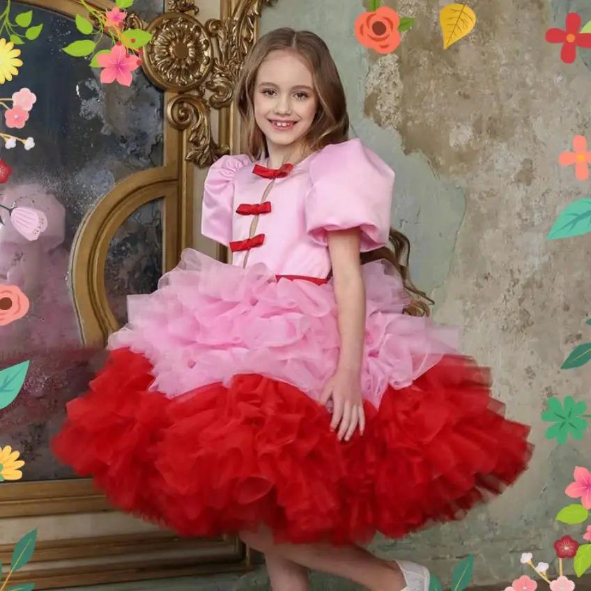 

Kids Catwalk Princess Puff Sleeve Ball Gown Wedding Birthday Party Girls Dress A3820 Vestidos Para Niñas Bridesmaid Dresses