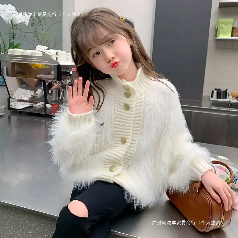 Girls Sweater Cardigan 2024 New Fashion Spring Autumn Children Mink Spring Fur Coat Simple Casual Sweater Clothes Top Kid image 5