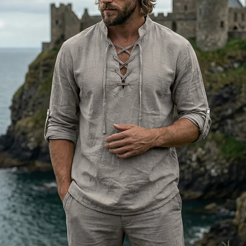 Men's Cotton Linen Shirt Tops Vintage Lace-up Stand Collar Long Sleeve Henley Shirt Men Summer Casual Beach Vacation Shirts