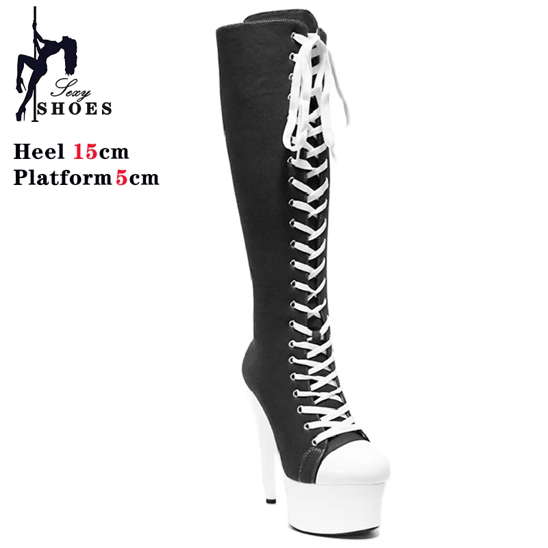 15cm 17cm 20cm Black Shoes Women Platform Side Zippe Pole Dance Boots Canvas Lace-up Stiletto Ultrahigh High Heel Mid-Calf Boots