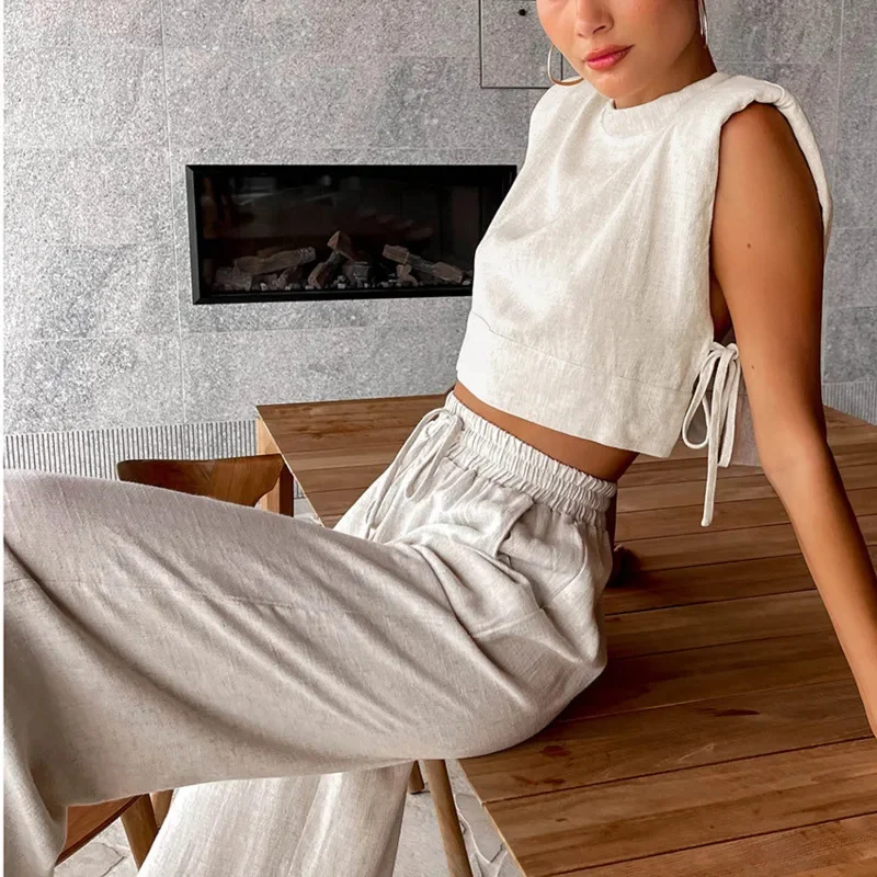 Sleeveless Linen Top With Matching Wide Leg Drawstring Pants Designed For Laid Back Summer Holidays Relaxed Everyday Dressing