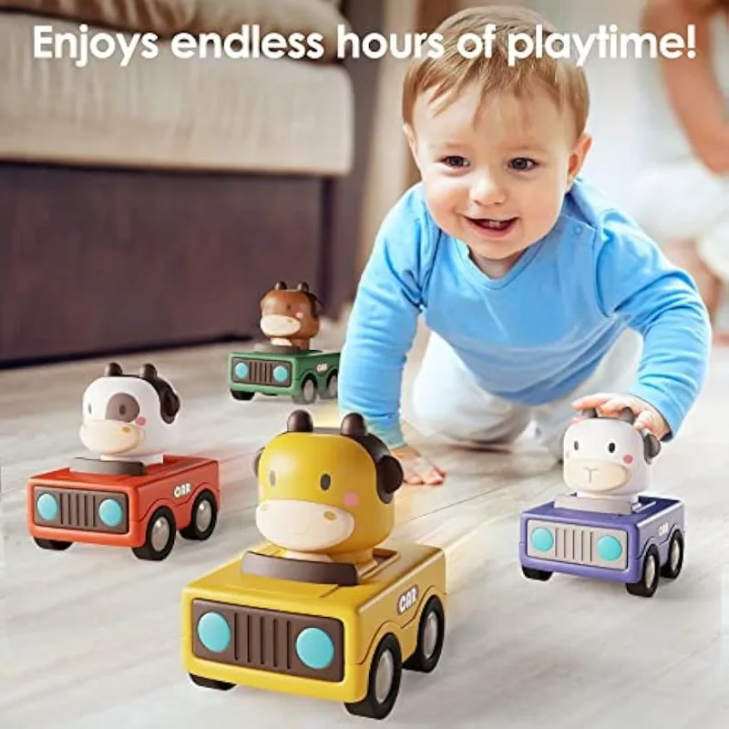 Juguetes de coche Press and Go para niños pequeños de 1 a 3 años, coches de carreras de animales para bebés, juego de vehículos de juego para bebés, juguetes de coche de fricción Push Go para bebés