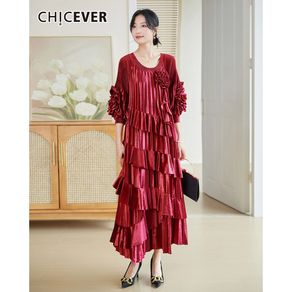 

CHICEVER Solid Temperament Spliced 3D Flower Dresses for Women Round Neck Short Sleeve Patchwork Ruffles Gold Dress Female Style