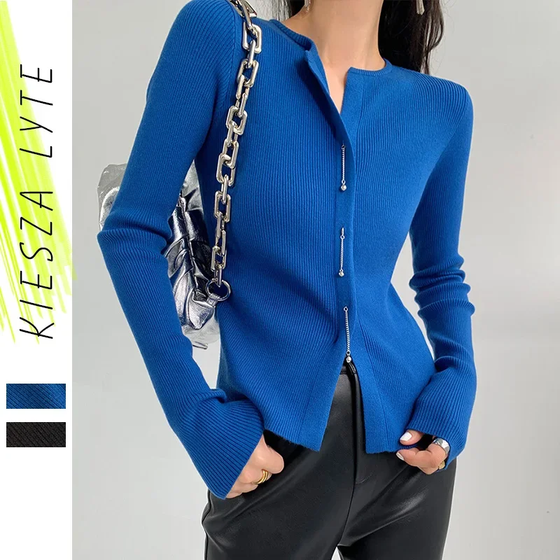 Fashion Klein Blue Knit Sweater Top New 2024 Spring Women\'s Vintage Slim Black Knitted Pullovers Jumpers Lady Tops