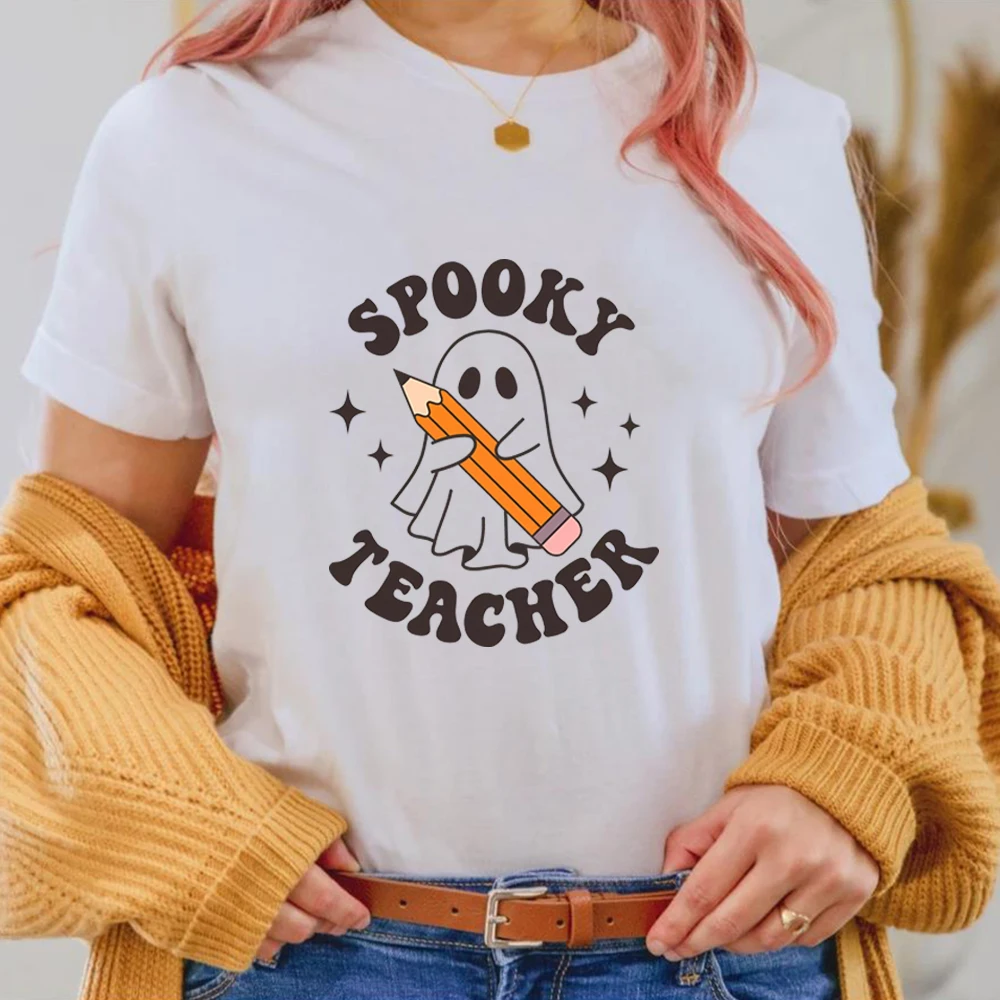 Spooky Teacher T Shirt Halloween Teacher T-shirtCute Ghost Teacher Tee Retro Halloween Tshirt Unisex Fall Short Sleeve Tops