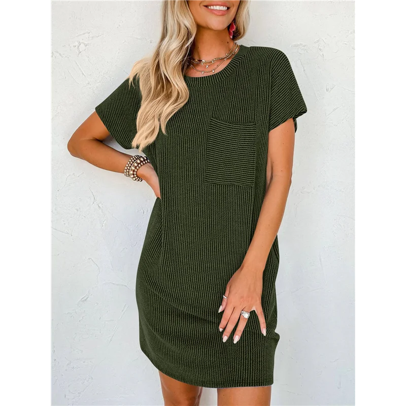 ASDS-Mini robe t-shirt côtelée à manches courtes et col rond pour femme, décontractée, été