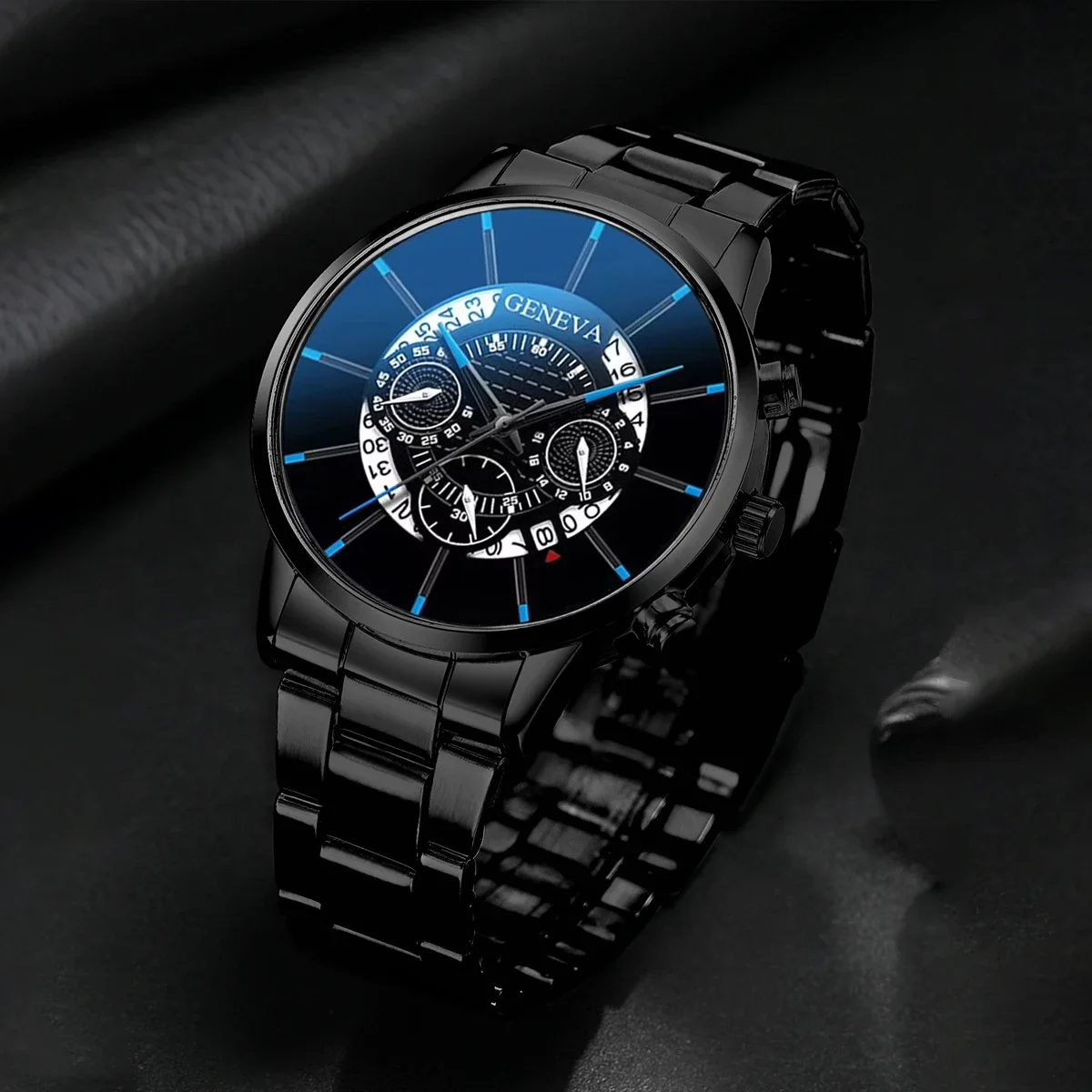 Relógio de quartzo compulseira de aço masculino conjunto de joias pretas sem caixa، الأعمال، 4 قطع/مجموعة