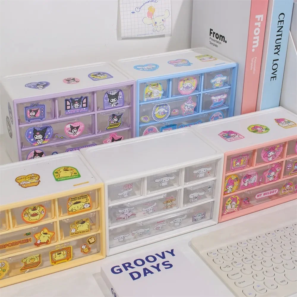 Kawaii Sanrioed Melody Kuromi Cinnamoroll Six Palace Grid Storage Box Anime Cute Sticker Desktop Storage Rack Jewelry Girl Gift