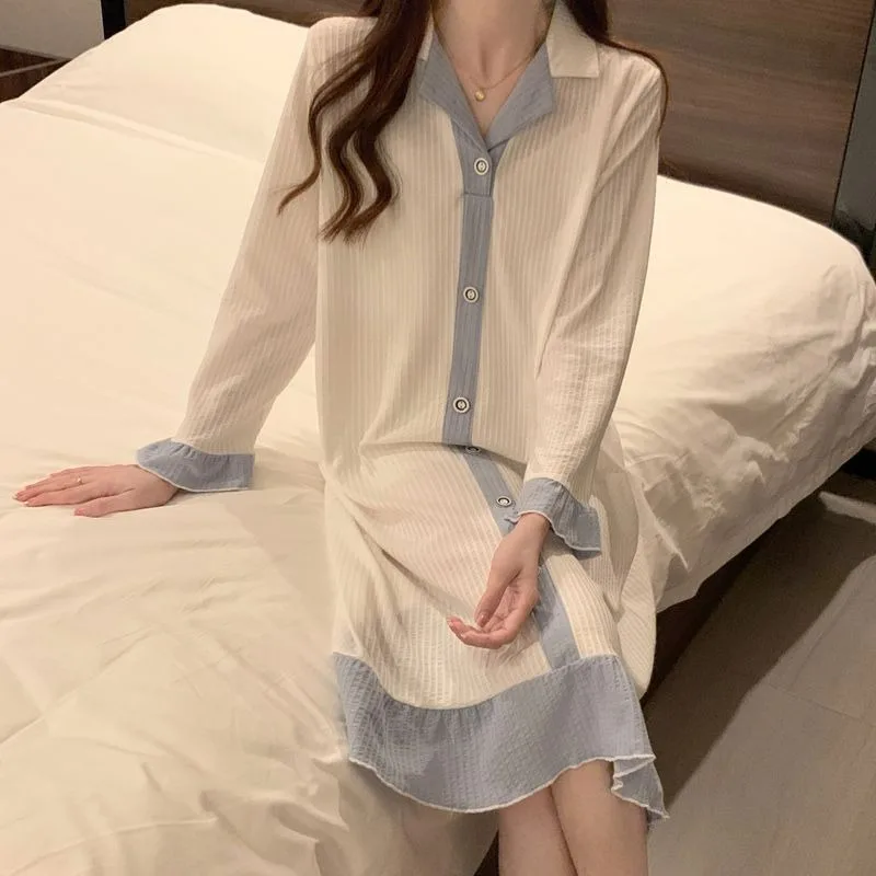 

Spring Autumn 2024 New Pajamas Women's Korean-Style Cotton Long Sleeve Loose Nightdress Female Sweet Casual Mid-Length Homewear