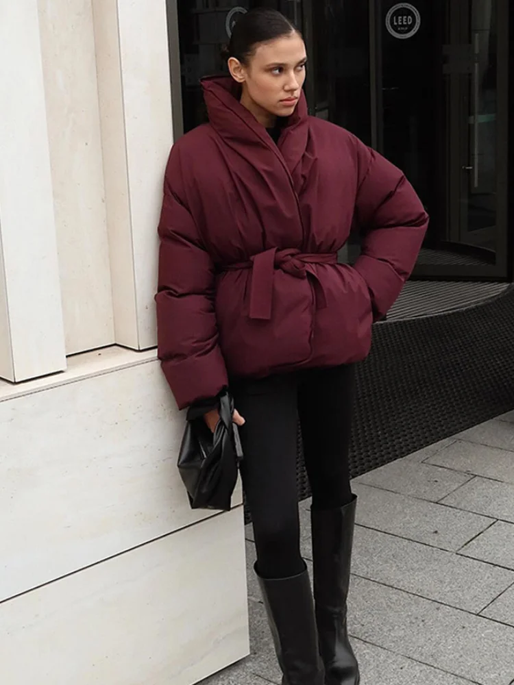 Burgundy Stand Collar Long Sleeves Cotton Padded Coats Women Casual Solid With Belt Cotton Jackets 2024 Winter Warm Streetwear