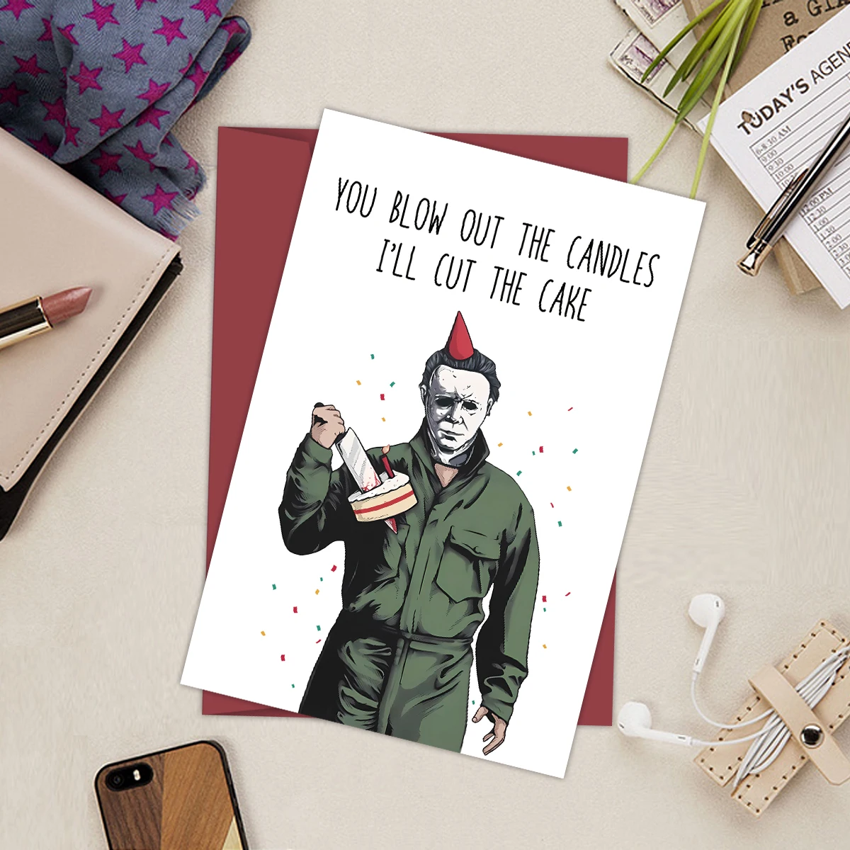 

1PC Halloween Michael Myers Birthday Card Gifts,Horror Movie Killer Birthday Card for Men Women,Creative Party Decor Supplies