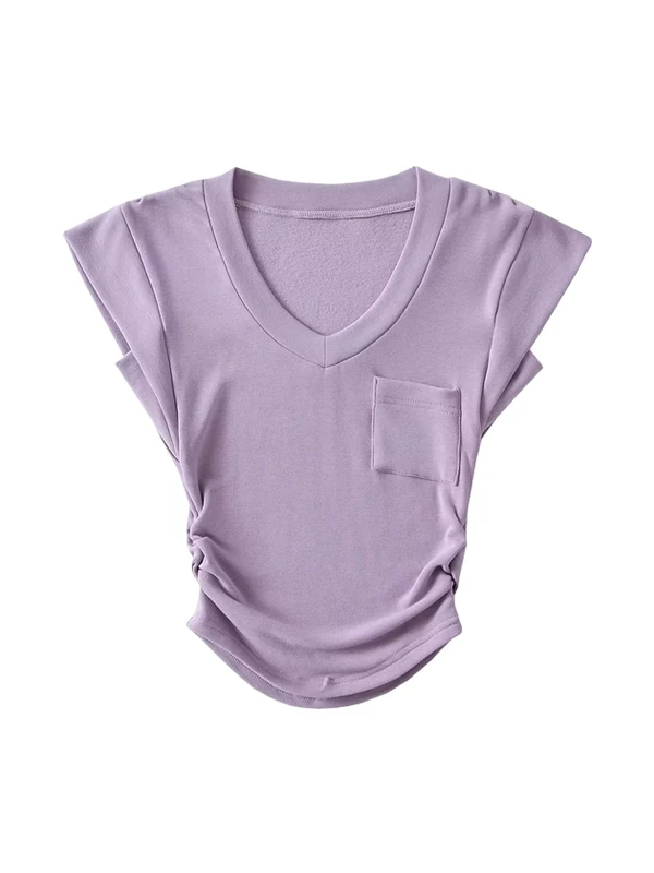 WOMENGAGA Sexy V-neck Slim Elastic Fold Curved Bottom Flying Sleeve T-shirt Top Purple Tees American Spicy Girls 61WZ