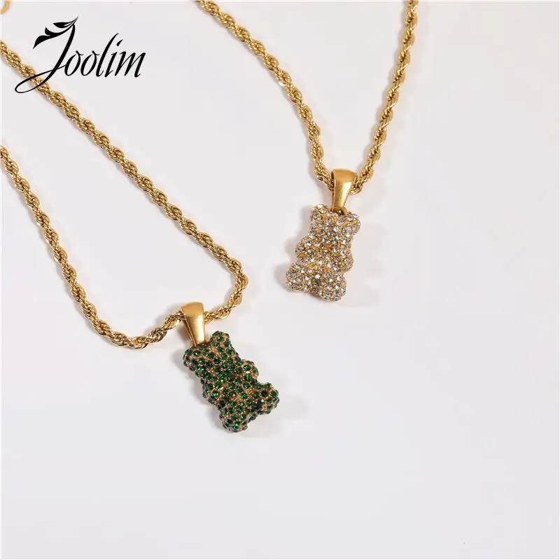 Joolim Jewelry Wholesale Tarnish Free Fashion Entry Lux Stereoscopic Full Zirconia Bear Pendant Stainless Steel Necklace