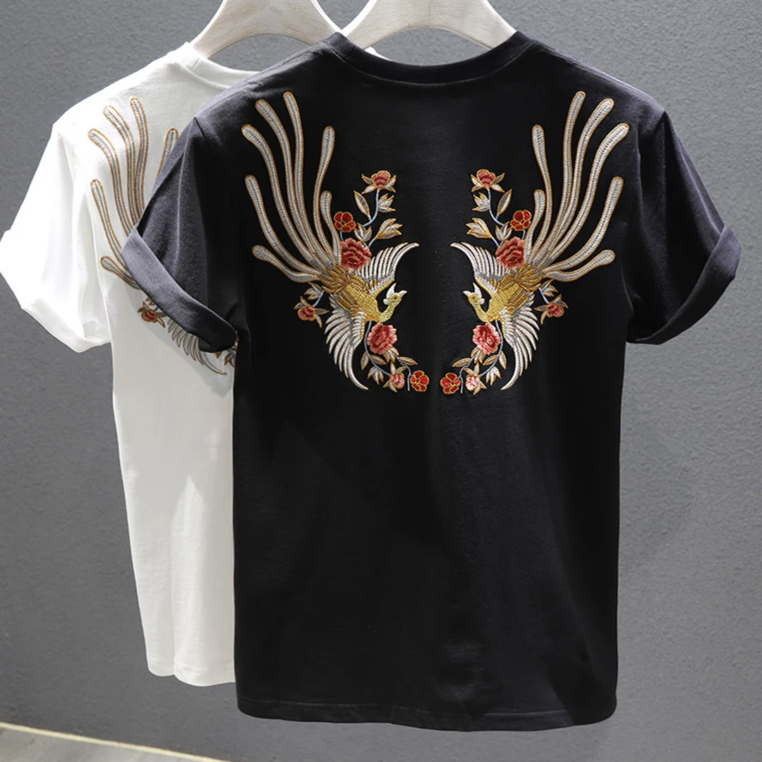 Y2k Aesthetic Phoenix Bird Embroidery T Shirts Cotton Material White Tops Summer Casual O-neck Graphic Tee Vintage Streetwear